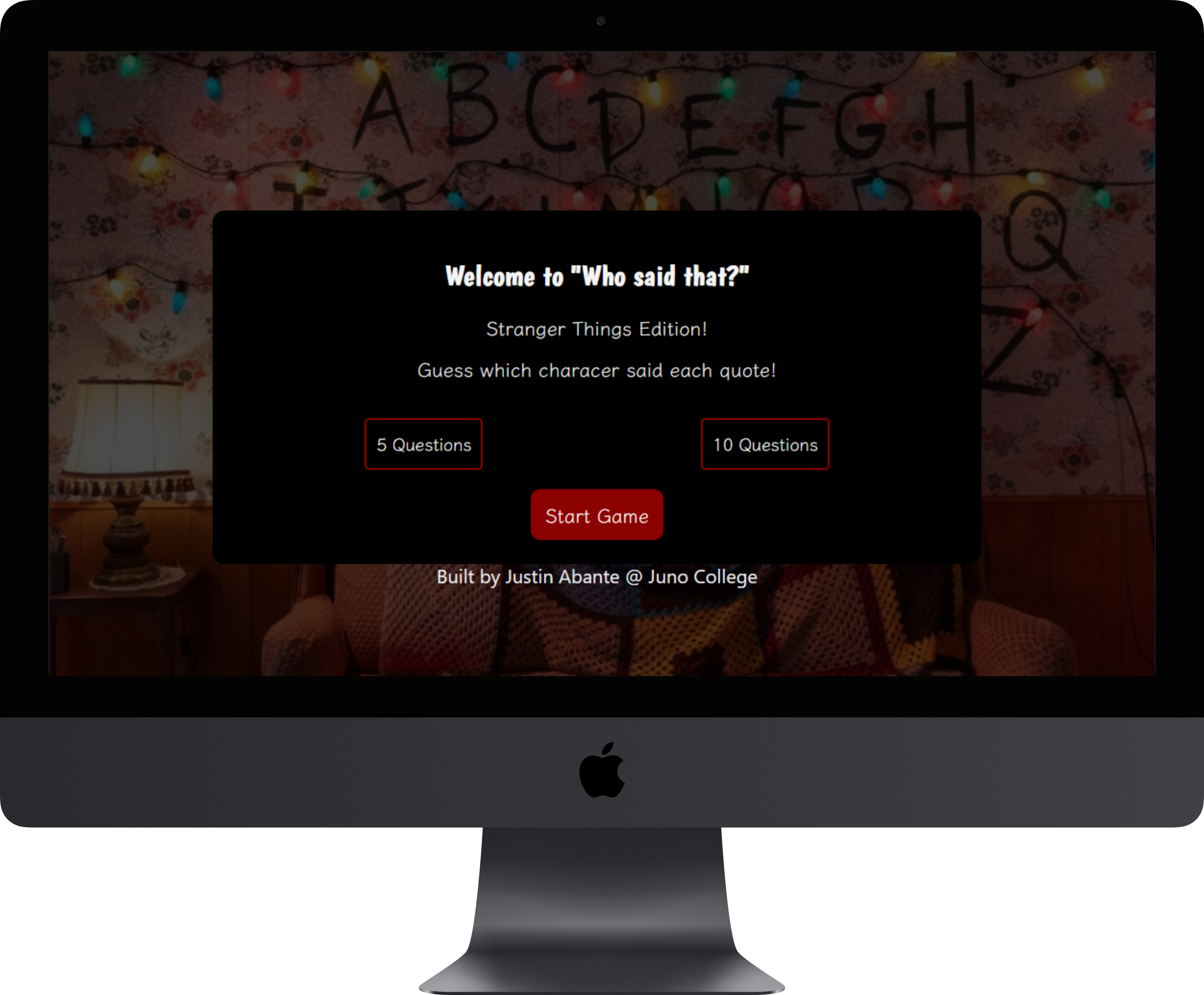 An image preview for the Stranger Things Quiz game website